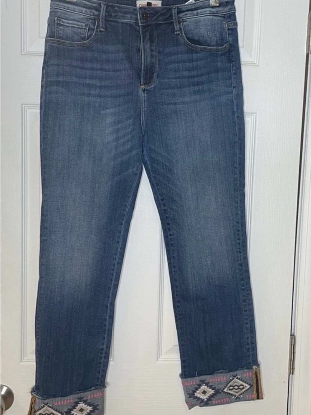 DRIFTWOOD Straight Leg Cropped Jeans in Dark Blue with Embroidered Cuff